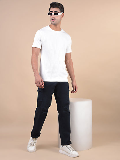 Men's Solid Navy Blue Regular Fit Casual Cargo