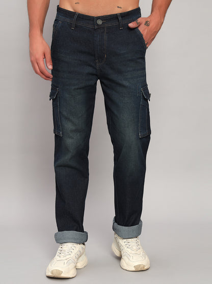 Men's Solid Blue Regular Fit Casual Denim Cargo
