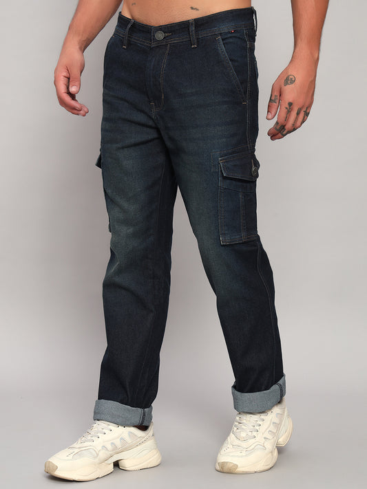 Men's Solid Blue Regular Fit Casual Denim Cargo