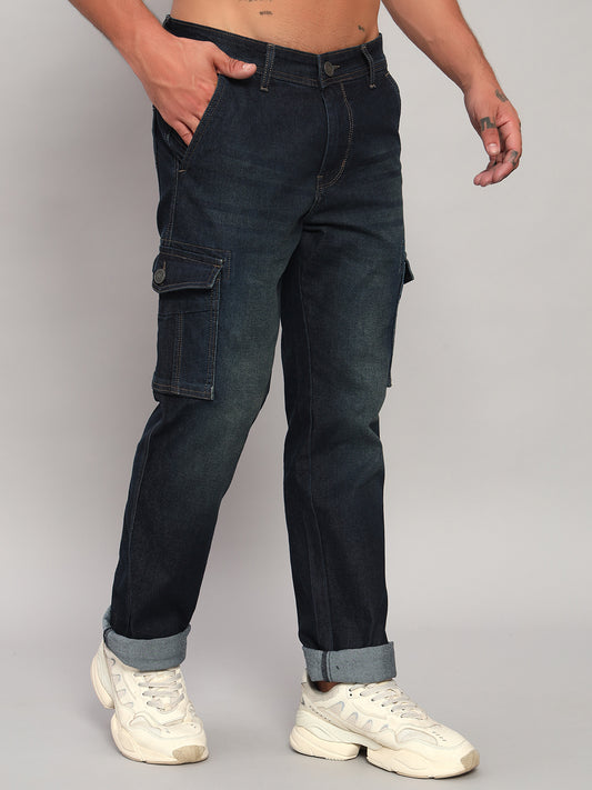 Men's Solid Blue Regular Fit Casual Denim Cargo