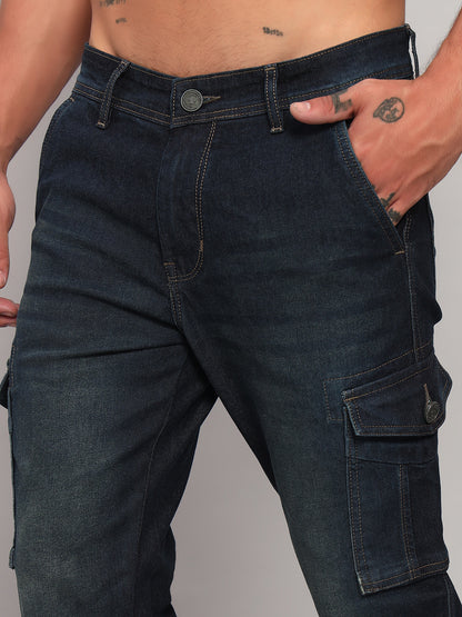 Men's Solid Blue Regular Fit Casual Denim Cargo
