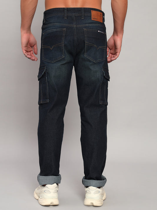 Men's Solid Blue Regular Fit Casual Denim Cargo
