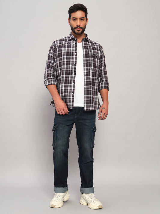 Men's Solid Blue Regular Fit Casual Denim Cargo