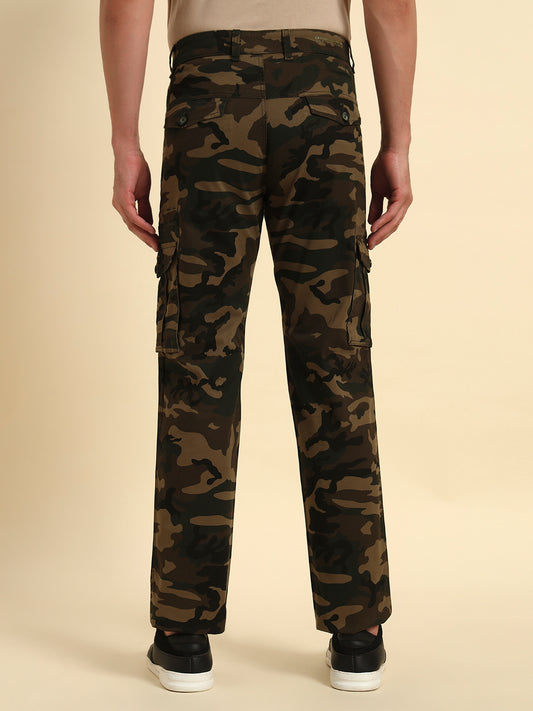Men's Olive Green Printed Regular Fit Casual Cargo