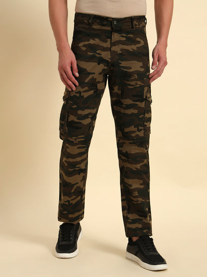 Men's Olive Green Printed Regular Fit Casual Cargo