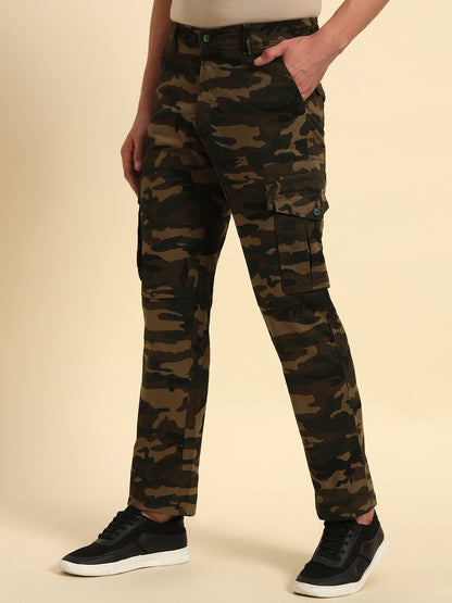 Men's Olive Green Printed Regular Fit Casual Cargo