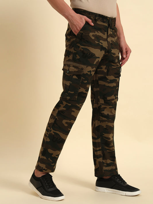 Men's Olive Green Printed Regular Fit Casual Cargo