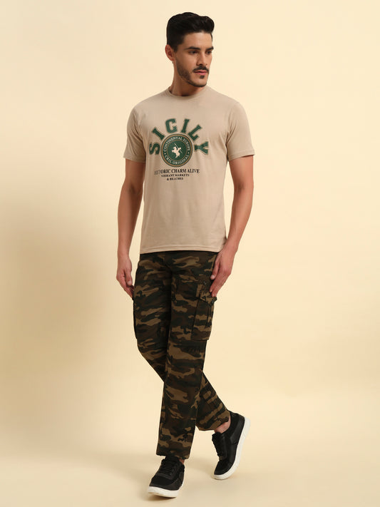 Men's Olive Green Printed Regular Fit Casual Cargo