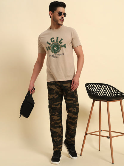 Men's Olive Green Printed Regular Fit Casual Cargo