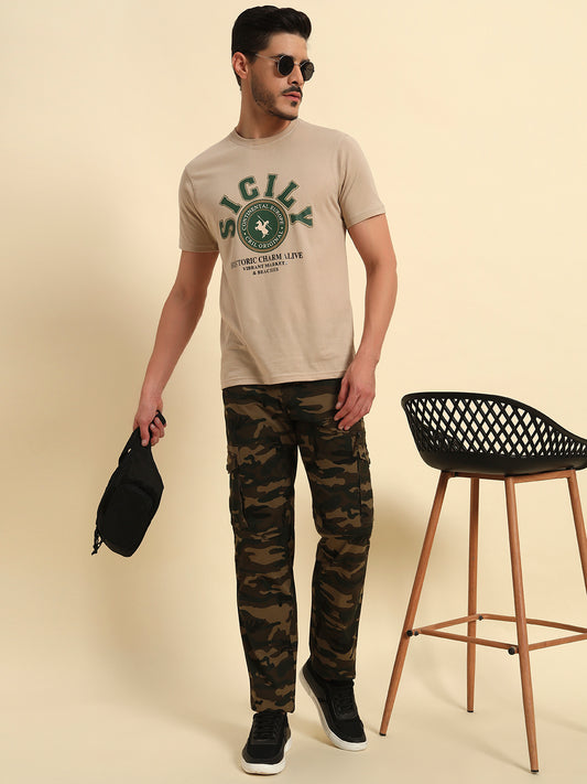 Men's Olive Green Printed Regular Fit Casual Cargo