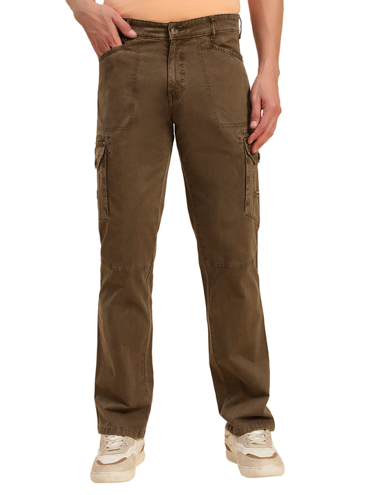 Men's Brown Solid Regular Fit Casual Cargo