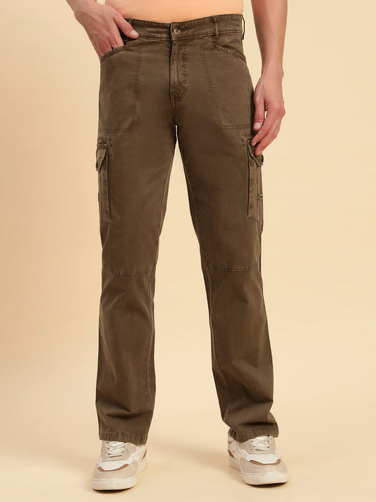 Men's Brown Solid Regular Fit Casual Cargo
