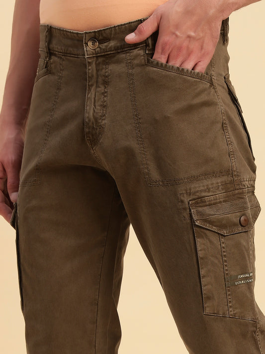 Men's Brown Solid Regular Fit Casual Cargo