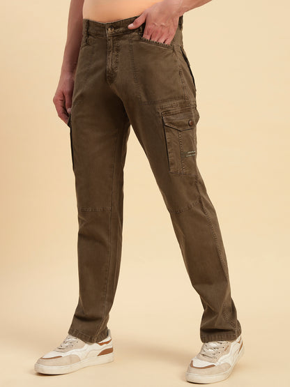 Men's Brown Solid Regular Fit Casual Cargo