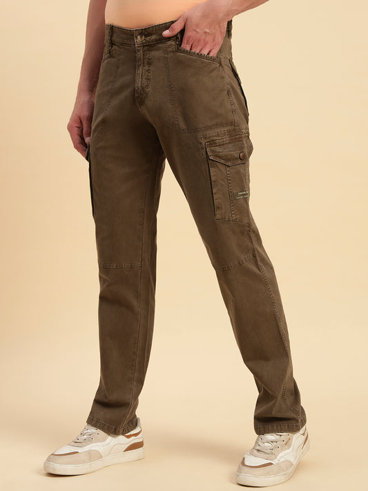 Men's Brown Solid Regular Fit Casual Cargo