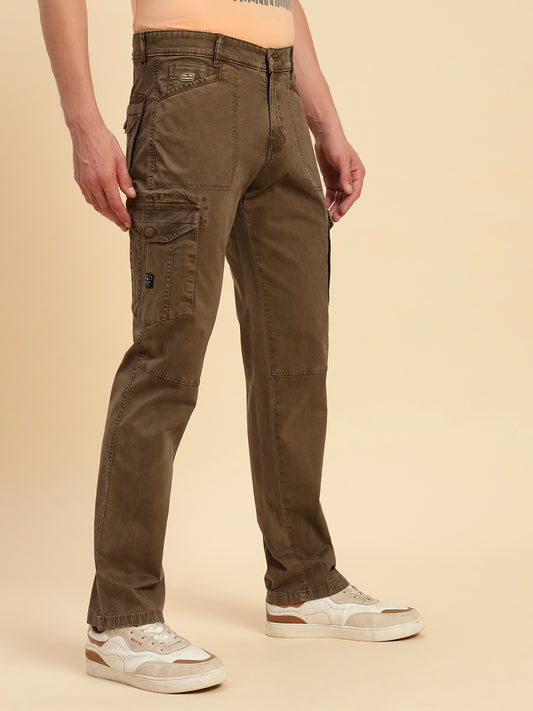 Men's Brown Solid Regular Fit Casual Cargo