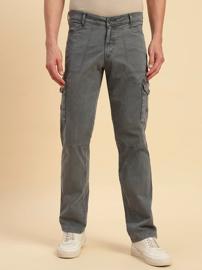 Men's Grey Solid Regular Fit Casual Cargo
