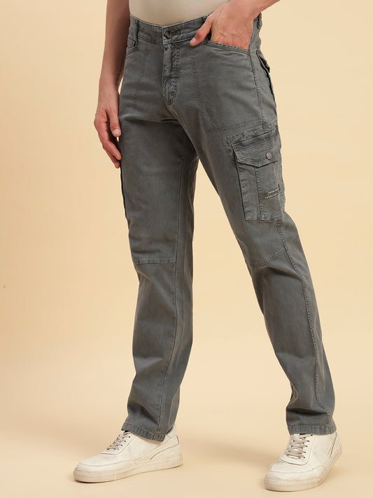 Men's Grey Solid Regular Fit Casual Cargo