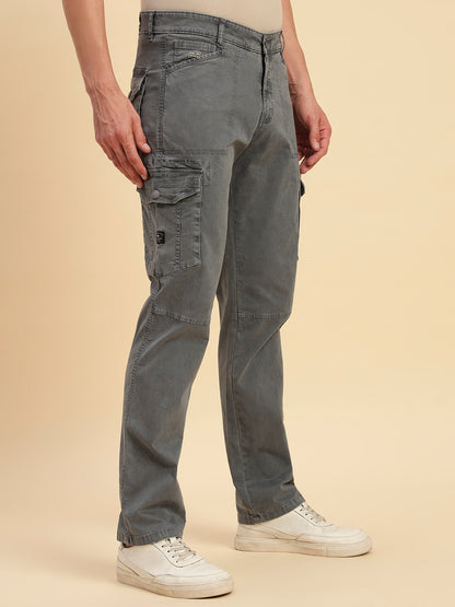 Men's Grey Solid Regular Fit Casual Cargo
