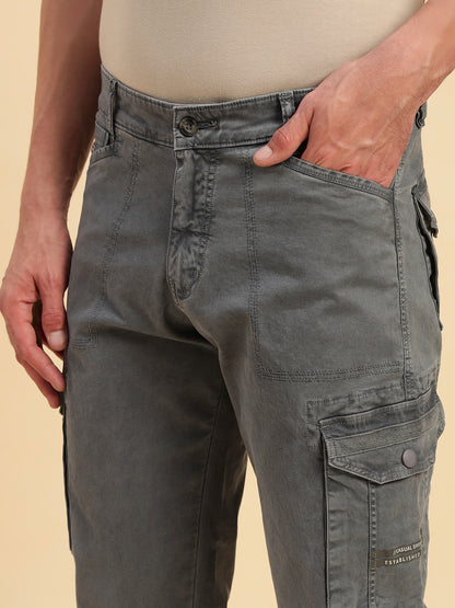 Men's Grey Solid Regular Fit Casual Cargo