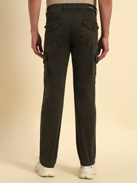 Men's Olive Green Solid Regular Fit Casual Cargo