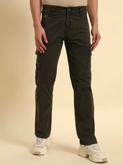 Men's Olive Green Solid Regular Fit Casual Cargo
