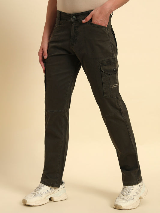 Men's Olive Green Solid Regular Fit Casual Cargo