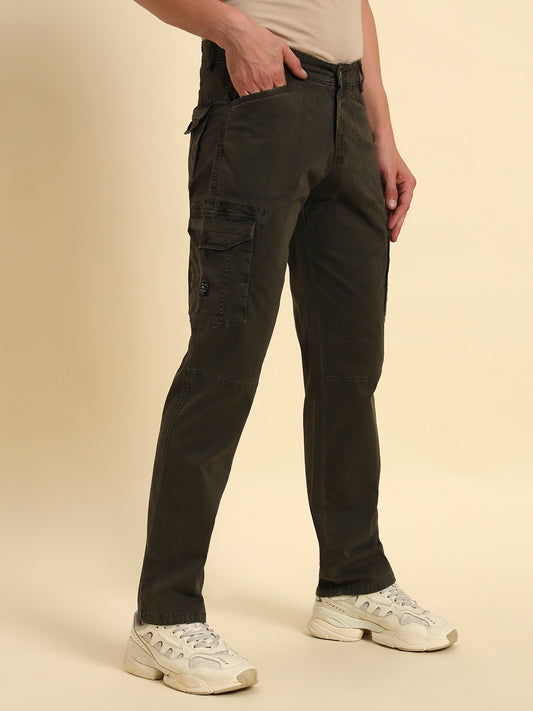 Men's Olive Green Solid Regular Fit Casual Cargo
