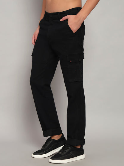 Men's Solid Black Regular Fit Casual Cargo