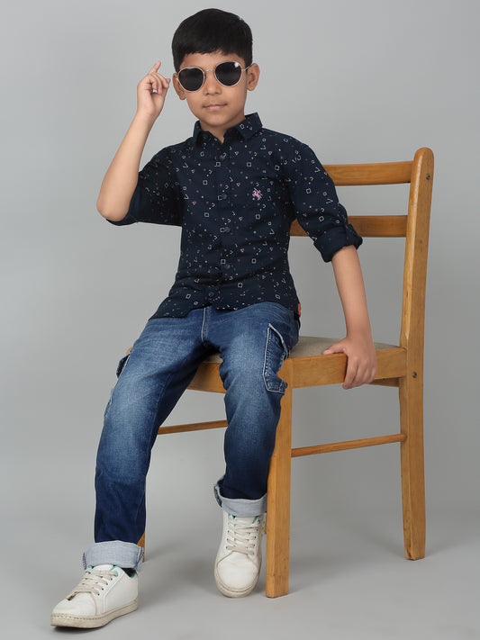 Boy's Dark Blue Solid Denim Jogger