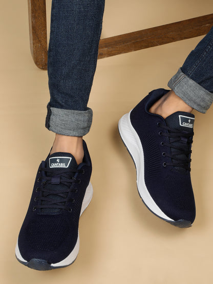 Men's Navy Blue Solid Lace-Up Running Shoes