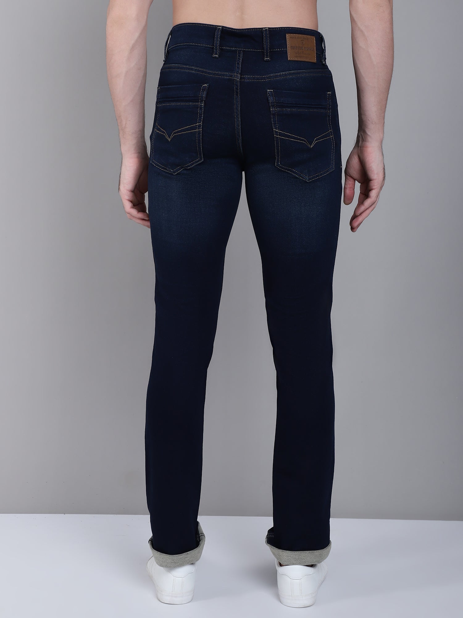 Cantabil Dark Blue Solid Cotton Denim Flat Front Mid Rise Full Length Regular Fit Casual Jeans For Men (7162836385931)