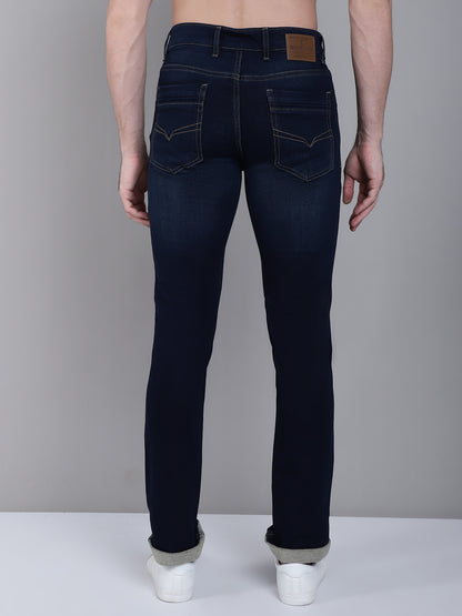 Cantabil Dark Blue Solid Cotton Denim Flat Front Mid Rise Full Length Regular Fit Casual Jeans For Men (7162836385931)