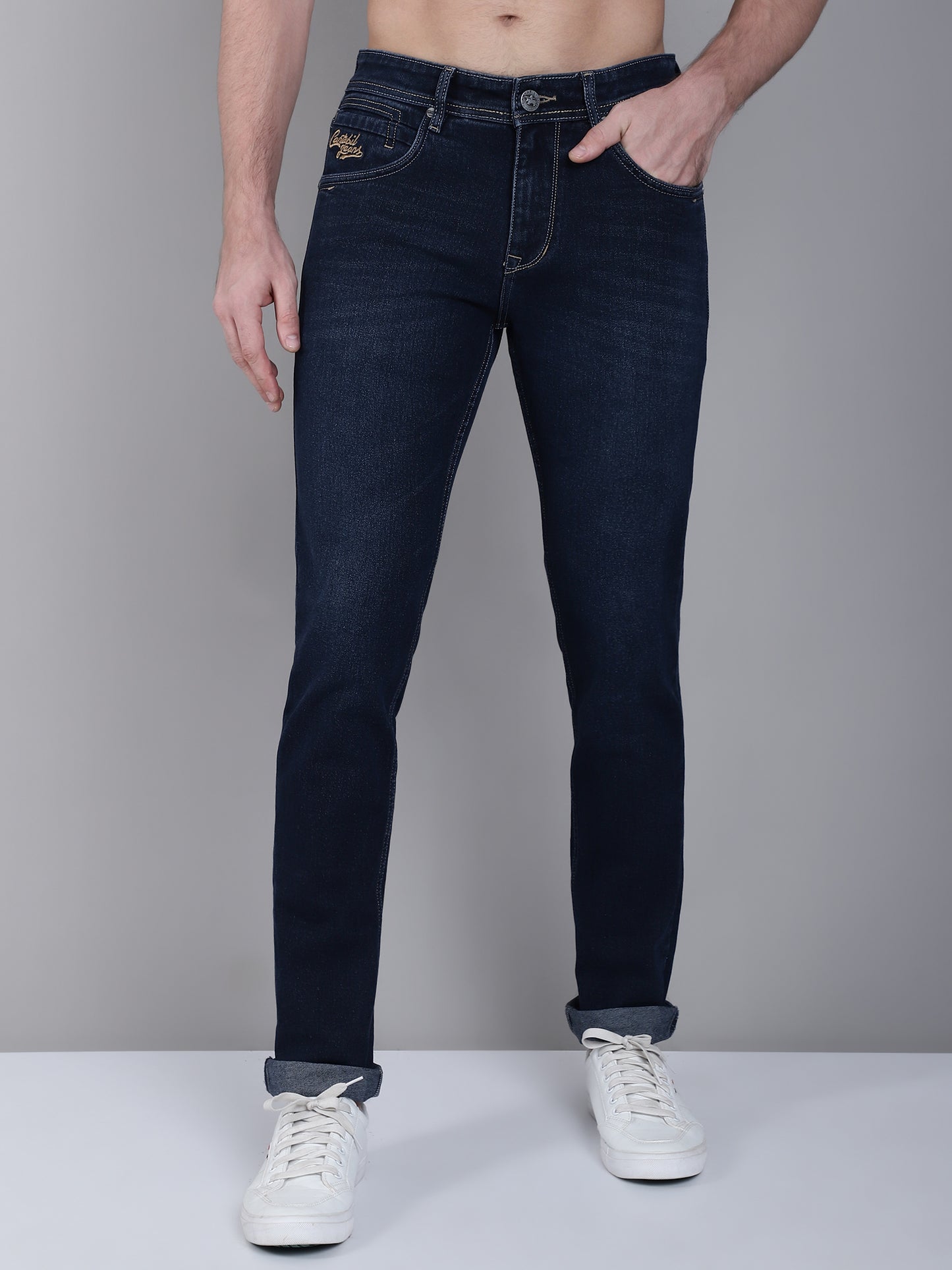 Cantabil Dark Blue Solid Cotton Denim Flat Front Mid Rise Full Length Regular Fit Casual Jeans For Men (7162841825419)