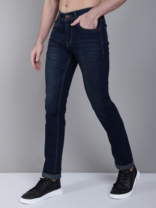 Cantabil Blue Solid Cotton Denim Flat Front Mid Rise Full Length Regular Fit Casual Jeans For Men (7162839597195)