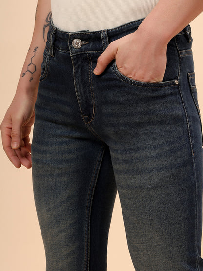 Denim Jeans for Men l Breathable & Soft with Color Fastness Ultra Narrow Fit Cotton Fabric Solid Pattern Button Closure