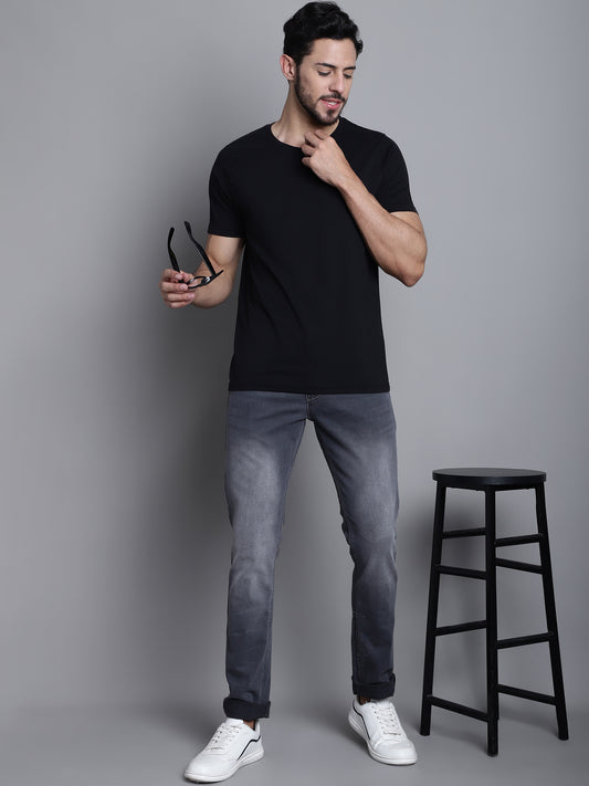 Cantabil Grey Solid Cotton Polyester Denim Flat Front Mid Rise Full Length Regular Fit Casual Jeans For Men (7165638443147)