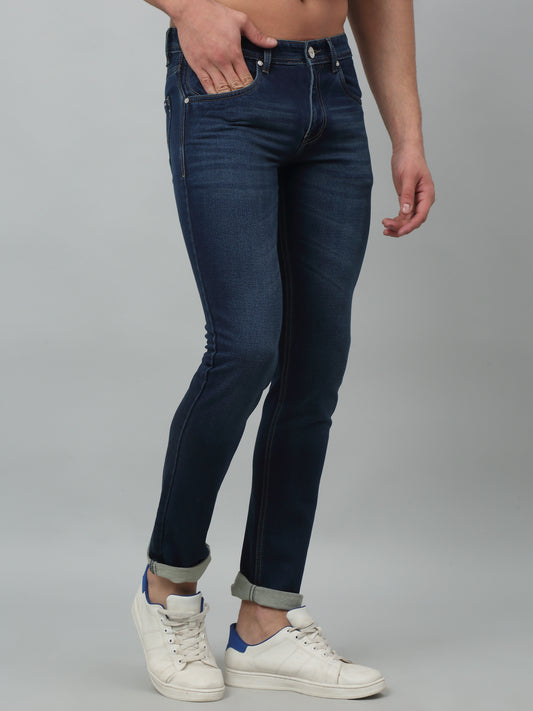 Denim Jeans for Men l Breathable & Soft with Color Fastness Ultra Narrow Fit Cotton Fabric Solid Pattern Button Closure