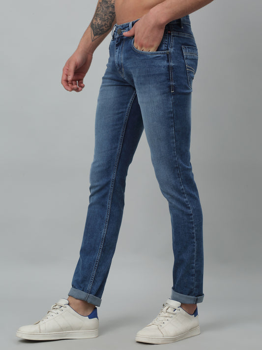 Denim Jeans for Men l Breathable & Soft with Color Fastness Ultra Narrow Fit Cotton Fabric Solid Pattern Button Closure