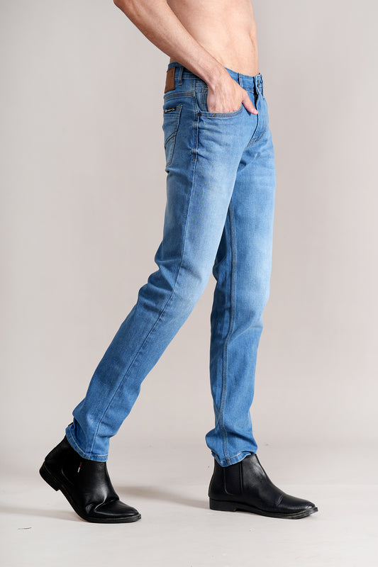 Denim Jeans for Men l Breathable & Soft with Color Fastness Ultra Narrow Fit Cotton Fabric Solid Pattern Button Closure