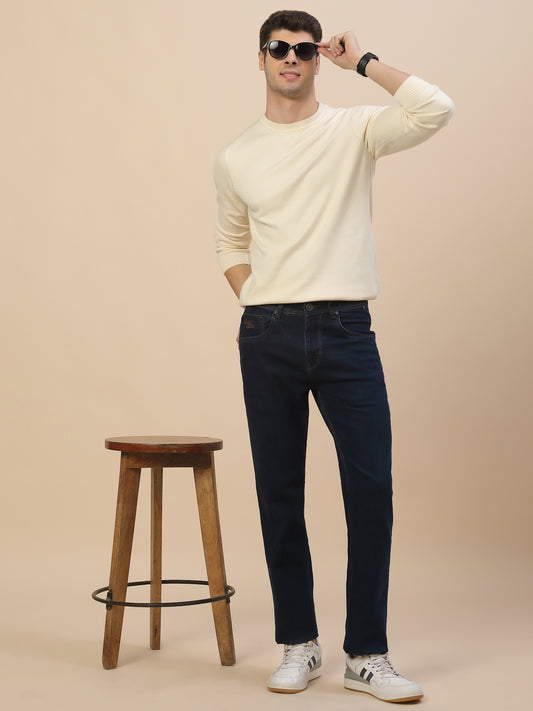 Denim Jeans for Men | Breathable & Soft with Color Fastness Straight Fit Poly Cotton Fabric Solid Pattern Button Closure