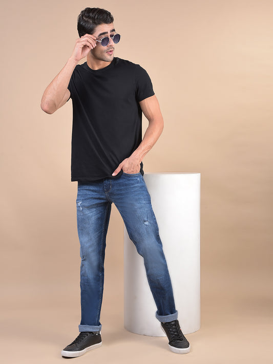 Denim Jeans for Men l Breathable & Soft with Color Fastness Ultra Narrow Fit Cotton Fabric Solid Pattern Button Closure