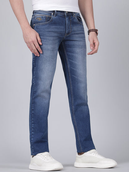 Denim Jeans for Men l Breathable & Soft with Color Fastness Ultra Narrow Fit Cotton Fabric Solid Pattern Button Closure