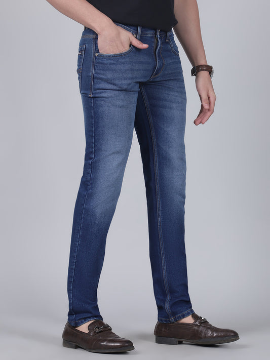 Denim Jeans for Men l Breathable & Soft with Color Fastness Ultra Narrow Fit Cotton Fabric Solid Pattern Button Closure