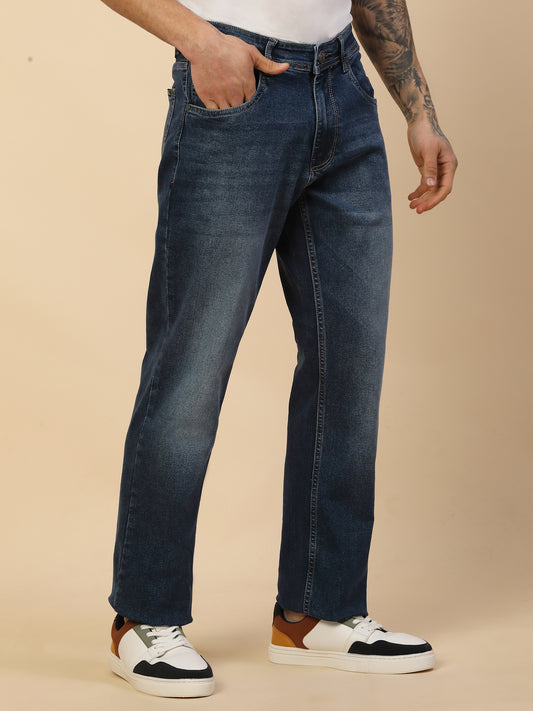 Denim Jeans for Men | Breathable & Soft with Color Fastness Loose Straight Fit Poly Cotton Fabric Solid Pattern Button Closure