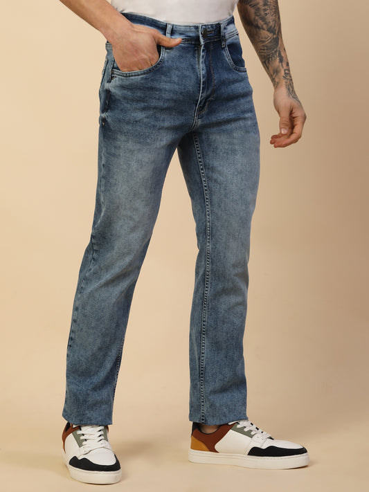 Denim Jeans for Men | Breathable & Soft with Color Fastness Straight Fit Poly Cotton Fabric Solid Pattern Button Closure