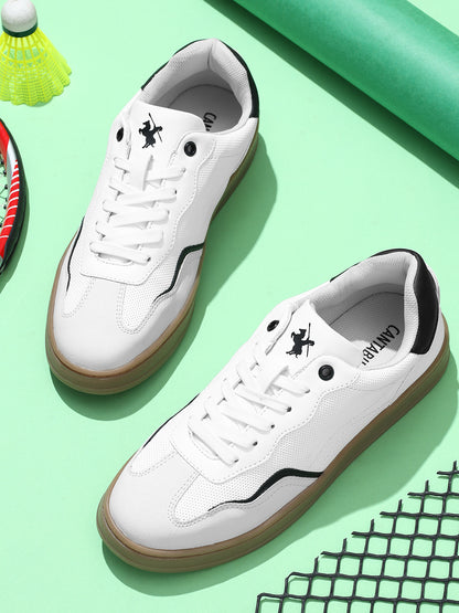 Men Lace-Up White Self Design Casual Sneakers