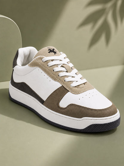 Men's White & Beige Colourblock Casual Sneakers