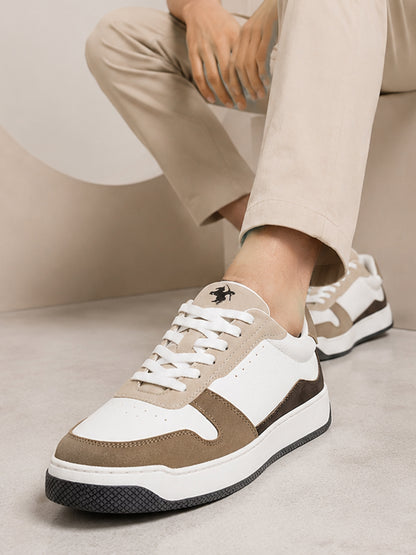 Men's White & Beige Colourblock Casual Sneakers