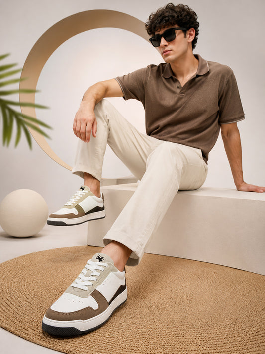 Men's White & Beige Colourblock Casual Sneakers
